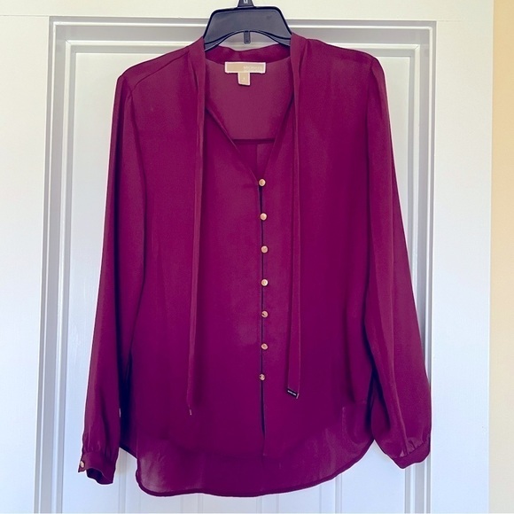 Michael Kors Maroon Burgundy Button Up Blouse Sheer Size Small Business Casual - Picture 1 of 7